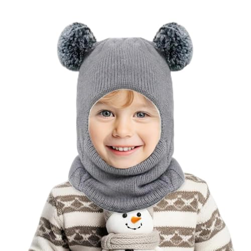 Generisch Kinder Wintermütze,gestrickter Kapuzenschal,Warm Strickmütze mit Pompom,Mütze Und Halstuch Baby Set,Schlupfmütze Baby,Beanie Mütze Winter mit Bommel Winddicht Kälteschutz (grau) von Generisch