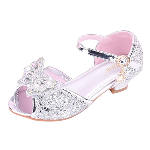 Generisch Kindersandalen Kinderschuhe mit glänzenden Sandalen Prinzessin Schuhe Bogen High Heels zeigen Prinzessin Schuhe Sandalen 31 (Silver, 28.5 Little Child) von Generisch