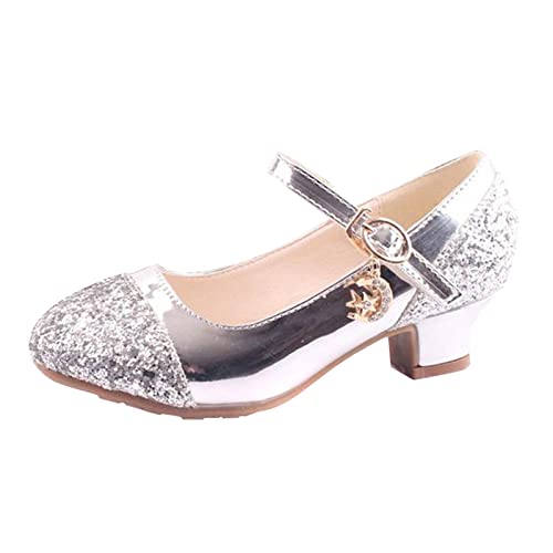 Generisch Kinderschuhe High Heels Mädchen Prinzessin Einzelschuhe Abendschuhe Leistungsschuhe Kristallschuhe Hohe Sneaker Mädchen 32 (Silver, 34 Big Kids) von Generisch