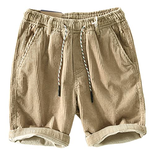 Generisch Klassische Herren-Shorts aus Baumwoll-Cord mit Kordelzug in der Taille aktive Taschen-Shorts Slim-Fit-Pull-On-Comfort-Stretch-Shorts (XL,Khaki) von Generisch