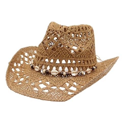 Generisch Klassischer Strohhut für Damen & Herren Westernhut mit schwarzem Hutband Sommer Western Cowboyhut Formbarer Strohhut Ausgehöhlter Sonnenhut Outdoor Hat Leichter Sommerhut von Generisch