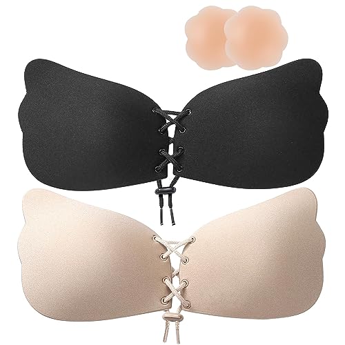 Generisch Klebe BH Push Up 2PCS,BH Rückenfrei Verstellbarer Kordelzug,Waschbar und Wiederverwendbar Trägerloser BH Push Up für Kleider, Neckholderkleider, Abendkleider, Brautkleider von Generisch