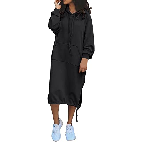 Generisch Kleid Damen, Sweatkleid Damen Lang Große Größen Pulloverkleid Hoodie Kleid Langarm Lässiges Tunikakleid Weich und Bequem Winterkleid Sweatshirtkleid mit Kapuze Einfarbig Oversize von Generisch