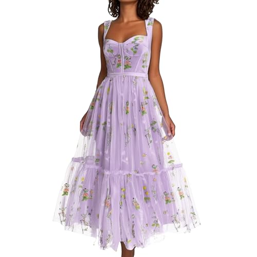Generisch Kleid Damen Ärmellos Blumenkleid Frauen Lässiges Strand Kleider Leicht Und Luftig Sommerkleider Cocktail Club Midikleid Net Partykleid Elegant Abendkleid (Helles Lila, L) von Generisch