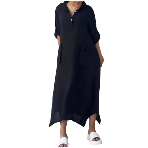 Generisch Kleid Damen Leinenkleid Langarm Boho Kleid Tunika Kleid Freizeitkleid mit Taschen Leinenkleider Herbstkleid Frauen Kleid Leinenkleid für Damen Blitzangebote des Tages Schwarz XXL von Generisch