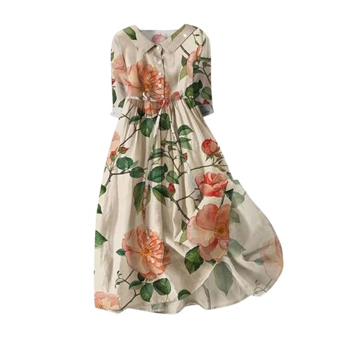 Generisch Kleid Damen Sommer Leinen Baumwolle Kleid Musselin Bluse Strandkleid Lässig Partykleid Damen V-Ausschnitt Wickelkleid Vintage Tunika Boho Tankkleid Mit Taschen， Orange， L von Generisch