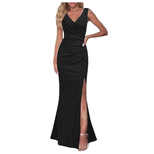 Generisch Kleid Elegant Damen Festlich Elegantes ärmelloses V-Ausschnitt Split Abendkleid für Frauen langes formelles Kleid für Cocktailparty und Kleider Für Brautmutter 50 (Black, XL) von Generisch