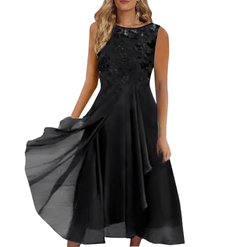Generisch Kleid Große Größen Damen Chiffon Split Rundhals Spitze Ausgehöhlt Langes Kleid Brautjungfer Abendkleid Kleider Damen Schwangerschaft (Black, XXXL) von Generisch