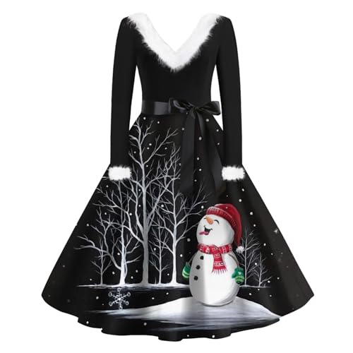 Generisch Kleider Weihnachten Damen, V-Ausschnitt Lässig Schlank Bedruckt Langarm Plüsch Wollkleider Festliche Für Damen Weihnachtskleider Wollkleid Lang Grüne Wickelkleid Dress (M, Black) von Generisch