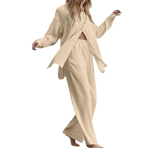 Generisch Kleidung Damen Zweiteiler Damen Sommer Outfits Musselin Bluse und Shorts, Aesthetic 2 Teiler Lounge Set Elegant Baumwolle Sportanzug Oversize Hosenanzug Langarm Hausanzug Y2K Clothes Beige von Generisch