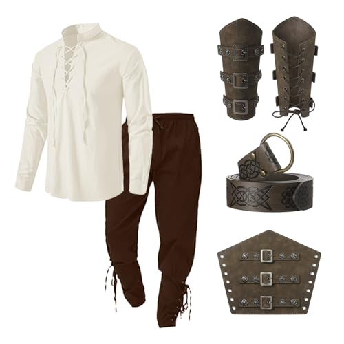 Generisch Kleidung Herren Set Mittelalter Wikinger Kostüm Mittelalter Mittelalterliches Piratenhemd Mit Knöchelriemen Faschingskostüme Für Cosplay Leichtes Freizeithemd Party Karneval von Generisch