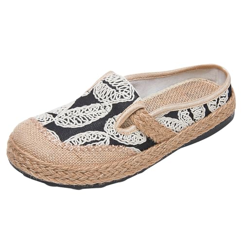 Generisch Klein Schuhe Damen Sommer-Slipper aus gewebtem Leinen für Damen im Halbpack mit Ethno-Stickerei Ledersohlen Für Schuhe Damen (BK2, 40) von Generisch
