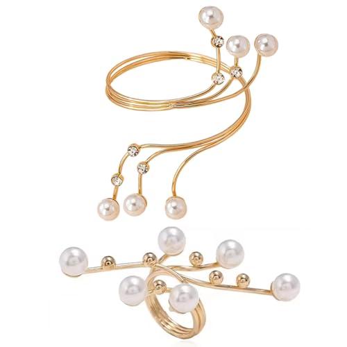 Generisch Klobige Manschette Armbänder Ringe für Frauen Strass Perlen Armband Ring Set Gold Chunky Armreif Armbänder Ringe Set Prom Schmuck Sets für Frauen von Generisch