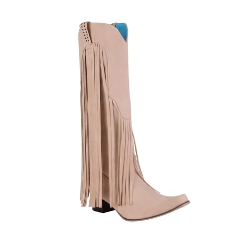 Generisch Kniehohe Stiefel Damen Boots Wintermode Trend Quaste Winterstiefel Lange Westernstiefel Einfarbige Runde Zehen Damenschuhe Dicke Ferse Stiefel Elevate Boots Reitstiefel von Generisch