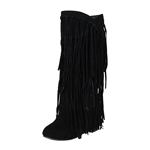 Generisch Kniehohe Stiefel Damen Mit Absatz - Cowboystiefel Damen Braun Wildleder Schlupfstiefel Fransen Overkneestiefel Keilabsatz Langschaftstiefel rutschfest Reitstiefel Rundzehe Winterstiefel von Generisch