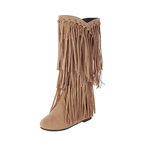 Generisch Kniehohe Stiefel Damen Mit Absatz - Cowboystiefel Damen Braun Wildleder Schlupfstiefel Fransen Overkneestiefel Keilabsatz Langschaftstiefel rutschfest Reitstiefel Rundzehe Winterstiefel von Generisch