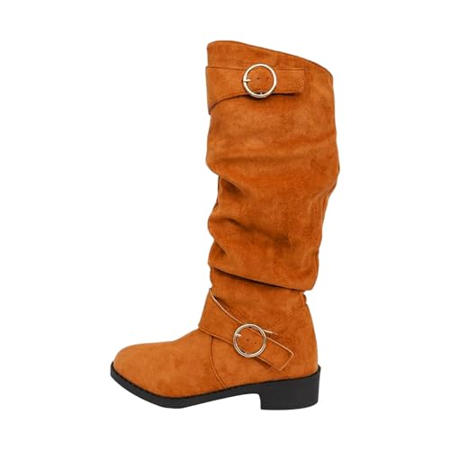 Generisch Knielange Damen Stiefel Runde Zehe Chunky Heel Plissee Westernstiefeletten mit Schnallenriemen (Orange, 38) von Generisch