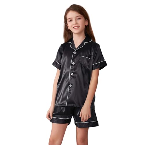 Generisch Knopfleiste Einfarbig Satin Schlafanzug Set Mädchen Kurzarm Revers Pyjama Sommer Lässig 2 Stück Kurze Seide Schlafanzüge Loungewear für Jungen Komfort Weich Kleidung (Black, 11-12 Years) von Generisch