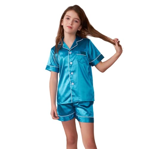 Generisch Knopfleiste Einfarbig Satin Schlafanzug Set Mädchen Kurzarm Revers Pyjama Sommer Lässig 2 Stück Kurze Seide Schlafanzüge Loungewear für Jungen Komfort Weich Kleidung (Blue, 11-12 Years) von Generisch