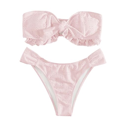 Generisch Knot Push Up Bandeau Bikinis Für Damen Raffung Rüschen Bikini Oberteil hoher Schnitt Einfarbig Bikinihose Bikini Set Trägerlos Zweiteilige Badeanzug Swimsuit(Rosa, S) von Generisch