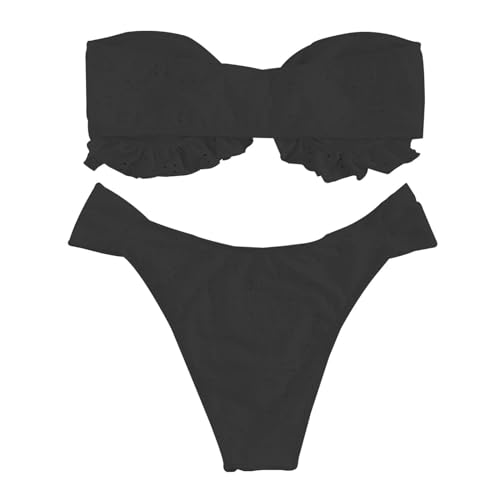 Generisch Knot Push Up Bandeau Bikinis Für Damen Raffung Rüschen Bikini Oberteil hoher Schnitt Einfarbig Bikinihose Bikini Set Trägerlos Zweiteilige Badeanzug Swimsuit(Schwarz, S) von Generisch