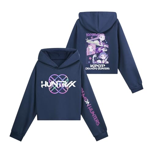 Generisch Kpop 𝐷𝑒𝑚𝑜𝑛𝑠 Hunters Hoodie Mädchen Crop K-pop Kapuzenpullover Hochkragen Langarm Pullover Locker Bequeme Sweatshirt Pour Autumn Winter Streetwear Oberteile (A-1-Navy, 11-12 Years) von Generisch