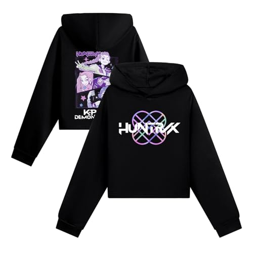 Generisch Kpop 𝐷𝑒𝑚𝑜𝑛𝑠 Hunters Hoodie Mädchen Crop K-pop Kapuzenpullover Hochkragen Langarm Pullover Locker Bequeme Sweatshirt Pour Autumn Winter Streetwear Oberteile (A-3-Black, 7-8 Years) von Generisch