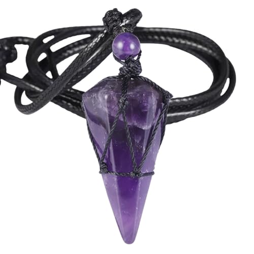 Generisch Kristall Kette, Verstellbare Wachsseil-Mode-Halskette Mit Natürlichem Edelsteinkristall, Spitze Sechseckige Säule, Energieschmuck Für Männer Und Frauen, Amethyst von Generisch