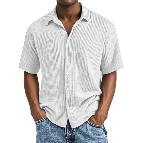 Generisch Kurzarm Hemd Herren Slim Fit,Herren Leinenhemd 2025 Kurzarm Button Down Sommerhemd Musselin Leicht Atmungsaktiv Strandhemd Freizeithemd Bequem Urlaub,Sommer Hemd,Weiß,3XL von Generisch