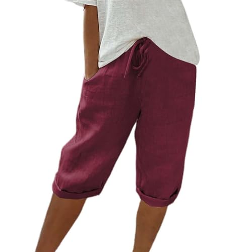 Generisch Kurze Hose Damen,Sommerhose,Bermuda Shorts Damen Leinenhose Hosen Leicht Und Luftig Leinenhose Locker Strandhose Mit Kordelzug Casual Pants Hohe Taille Freizeithose,Leinenhose von Generisch