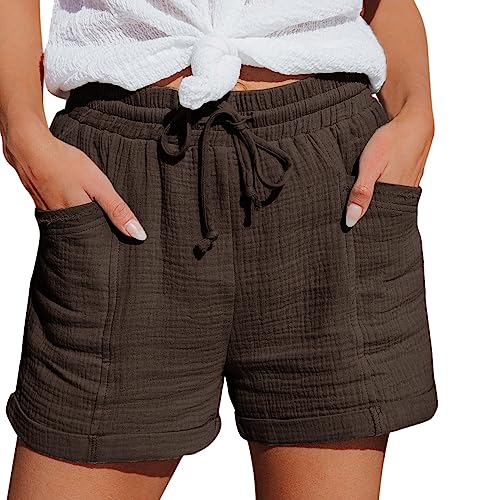 Generisch Kurze Hose Damen - Leinenhose Leicht Casual Sommerhose Mit Kordelzug Locker Strandhose Hohe Taille Sport Elegant Stoffhose Weisse Damenhose Leinen von Generisch