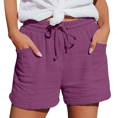 Generisch Kurze Hose Damen Sommer Musselin Leinen Kurzehose Baggy Beach Shorts Mit Taschen Elastische Bermudashorts LäSsige Freizeit Short Mit Kordelzug Leinenhose Kurz Damenhose Sommershort von Generisch