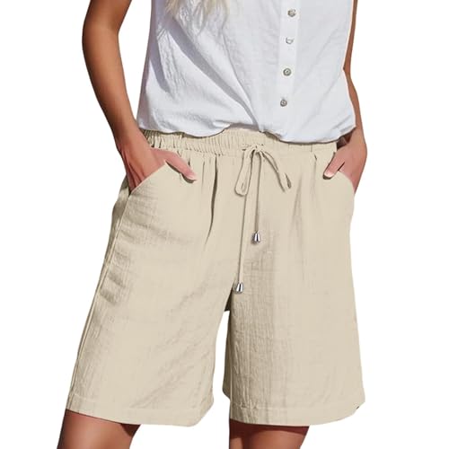 Generisch Kurze Hose Damen Sommer Musselin Shorts Leinen Kurz Sommerhose Leicht mit Taschen Kordelzug Lässig Leinenshorts Baumwolle Strandshorts Leinenhose Bequem Hosen Kurz Frauen Stoffhose von Generisch
