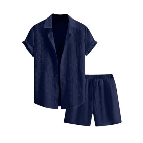 Generisch Kurze Hose Mit Oberteil, Herren Trainingsanzug Sommer Sportanzug 2 Teiliges Business Hemd Set Kurzarm T-Shirts Freizeitanzug Familien Outfit Flamingo Kostüme (XL, Marine) von Generisch