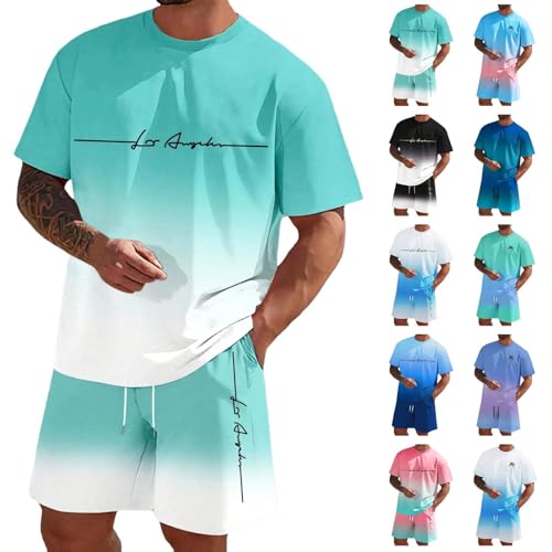 Generisch Kurze Hosen Herren Stretch Trainingsanzug Herren Kurze Hosen + T Shirt Set Aufdruck Freizeitanzug Männer Jogginganzug Zweiteiliges Set Freizeit Sportanzug Komfort 2 Teiliges Minzgrün-A L von Generisch