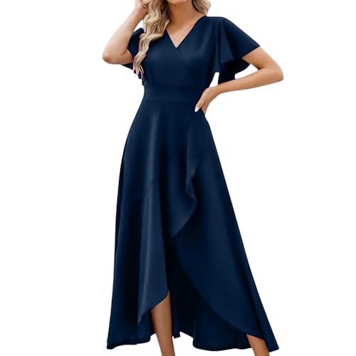 Generisch Kurze Kleider Damen Elegantes, Plissiertes Cocktailkleid mit V-Ausschnitt für Damen, stilvolles Abendkleid für Hochzeitsgäste und formelle Anlässe Strand Wickelkleid (Navy, S) von Generisch