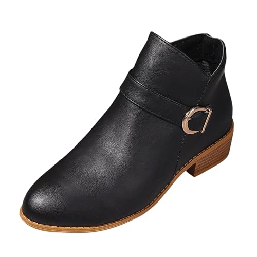 Generisch Kurze Stiefel Für Damen,Große Retro Damenstiefel Spitze Mit Gürtelschnalle Und Quadratischem Absatz,Einfarbig Seitlichem Reißverschluss Slip-On Freizeitschuhe von Generisch