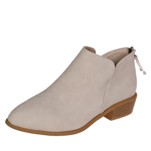 Generisch Kurze Stiefel Für Damen,Schlupfstiefel Für Damen,Einfarbige Blockabsatz Mit Back Zipper Arbeitsstiefel Slip-On Rutschfeste Boots Lederstiefel Winterstiefel Weiter Wade von Generisch