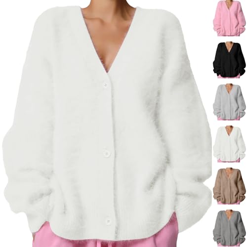 Generisch Kurze Strickjacke Damen, Elegante Langarm Leicht Plüsch Cardigan Cropped Strick Fleece Jacke Winter Flauschiger V-Ausschnitt Strickpullover Sweater Winterjacke, Long Cardigan Damen von Generisch