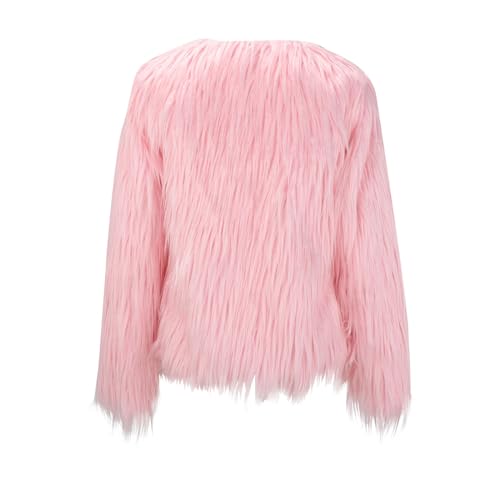 Generisch Kurzer Kunstpelz Mantel Damen Elegant Einfarbig Warme Kunstfelljacke Rundhals Lange Ärmel Faux Pelz Winterjacke Kunstfell Oberbekleidung Parka Wintermantel Zotteliger Mantel(A Rosa,L) von Generisch