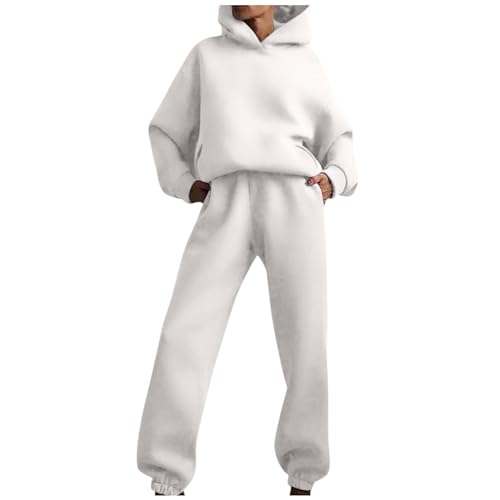 Generisch Kurzgrößen Trainingsanzug Damen, Jogginganzug Set Mode Solide Farbe Damen Baumwolle Jogginghose Sport Zweiteiliges Set Sweatshirt Mit Kapuze Sport Outfit Fitness Set Outfit (3XL, White) von Generisch