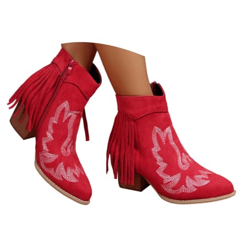Generisch Kurzstiefel Damen Ankle Boots mit Zipper Stiefeletten Retro Stiefel Fransen Trachtenschuhe Herbst Winter Knöchelstiefel Elegant Schlupfstiefel Reitstiefel Freizeitschuhe von Generisch
