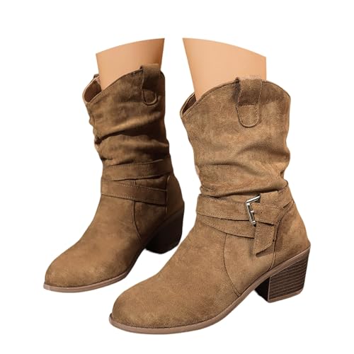 Generisch Kurzstiefeletten Damen Wildleder Schlupfstiefel Kurze Retro Western Ritterstiefel Booties Weitschaft Westernstiefel Ankle Boots ÜbergangsstiefelFrauen Outdoor Party Damenstiefel von Generisch
