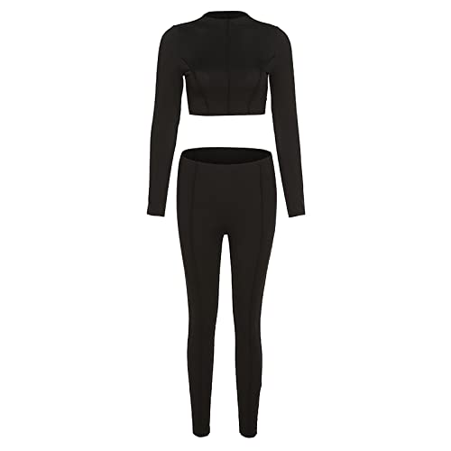 Generisch Trainingsanzug Damen Einfarbig Hohe Taille Schmal Slim Damen Freizeitanzug, Schwarz, 42 von Generisch