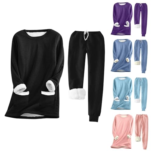 Generisch Kuscheliger Hausanzug Damen, Trainingsanzug Sportanzug Mode 2-Teiliges Set Langarm Sweatshirt Top + Lange Hose Mit Kordelzug Jogginganzug Sportbekleidung Outfit Set Sport (M, Black) von Generisch