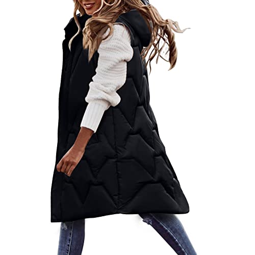 Generisch Kuscheljacke Damen, Fleecejacke Damen Warm, Weste Lang Winter Steppweste Leicht Ärmellose Winterweste Lange Damenwesten Kapuzenweste Daunenweste Übergangsjacke Wintermantel von Generisch