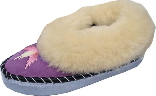 Generisch LAMMFELL Warme HAUSSCHUHE Mokassin Gr.36-37-38-39-40-41-42 NEU, Schaffell/-leder Handarbeit *LILA Bestickt* Schuhweite NORMAL (36) von Generisch