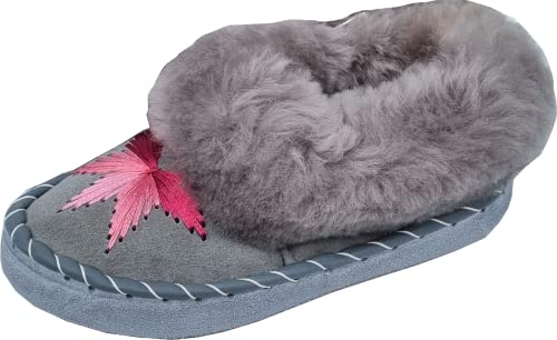 LAMMFELL Warme HAUSSCHUHE Mokassin Gr.36-37-38-39-40-41-42 NEU,Schaffell/-leder Handarbeit *Hell Grau-Rosa Bestickt* Schuhweite NORMAL (37) von Generisch
