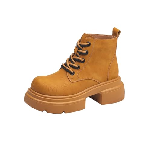 Generisch Lässige Stiefeletten Für Damen Motorradstiefel Mit Plateausohle Und Klobigem Absatz Runde Zehenkappe, Rutschfeste Kurze Stiefel(Yellow,39 EU) von Generisch