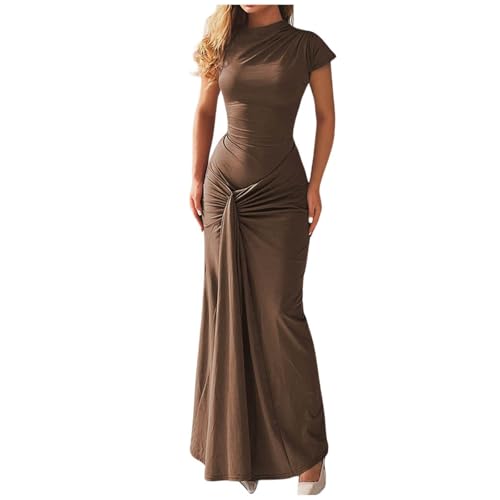 Generisch Lässiges, schmales, Plissiertes Kleid mit Schnürung und kurzen Ärmeln für Damen Damen Winterkleider (Brown, S) von Generisch